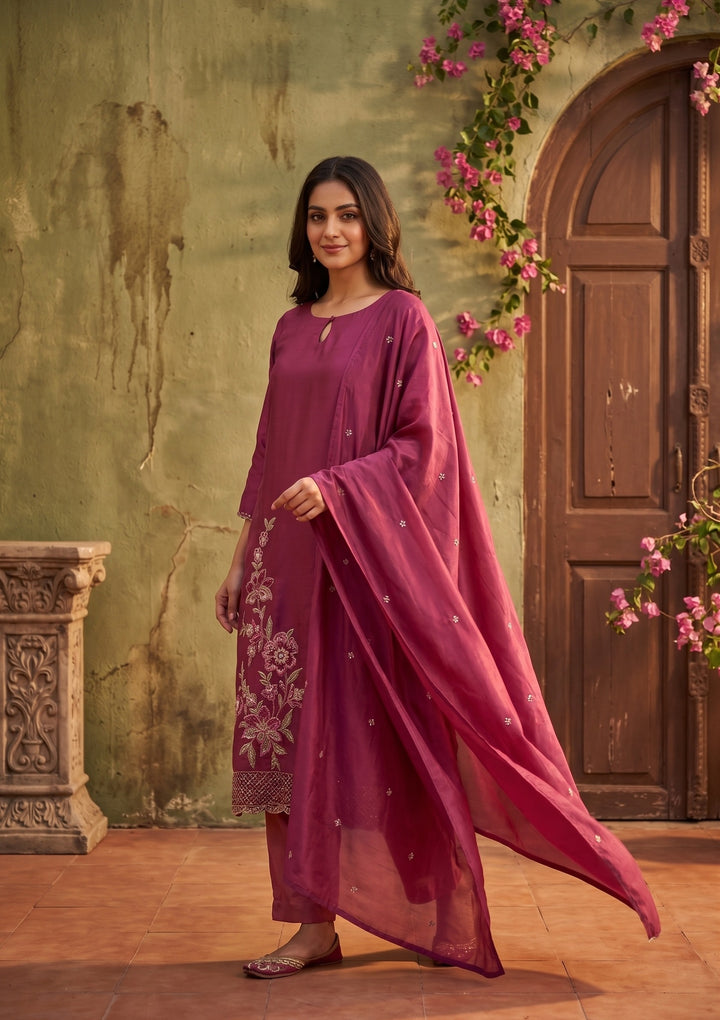 Dark Onion Pink Semi Crepe Threadwork Straight Kurta With Pant Regular And Dupatta