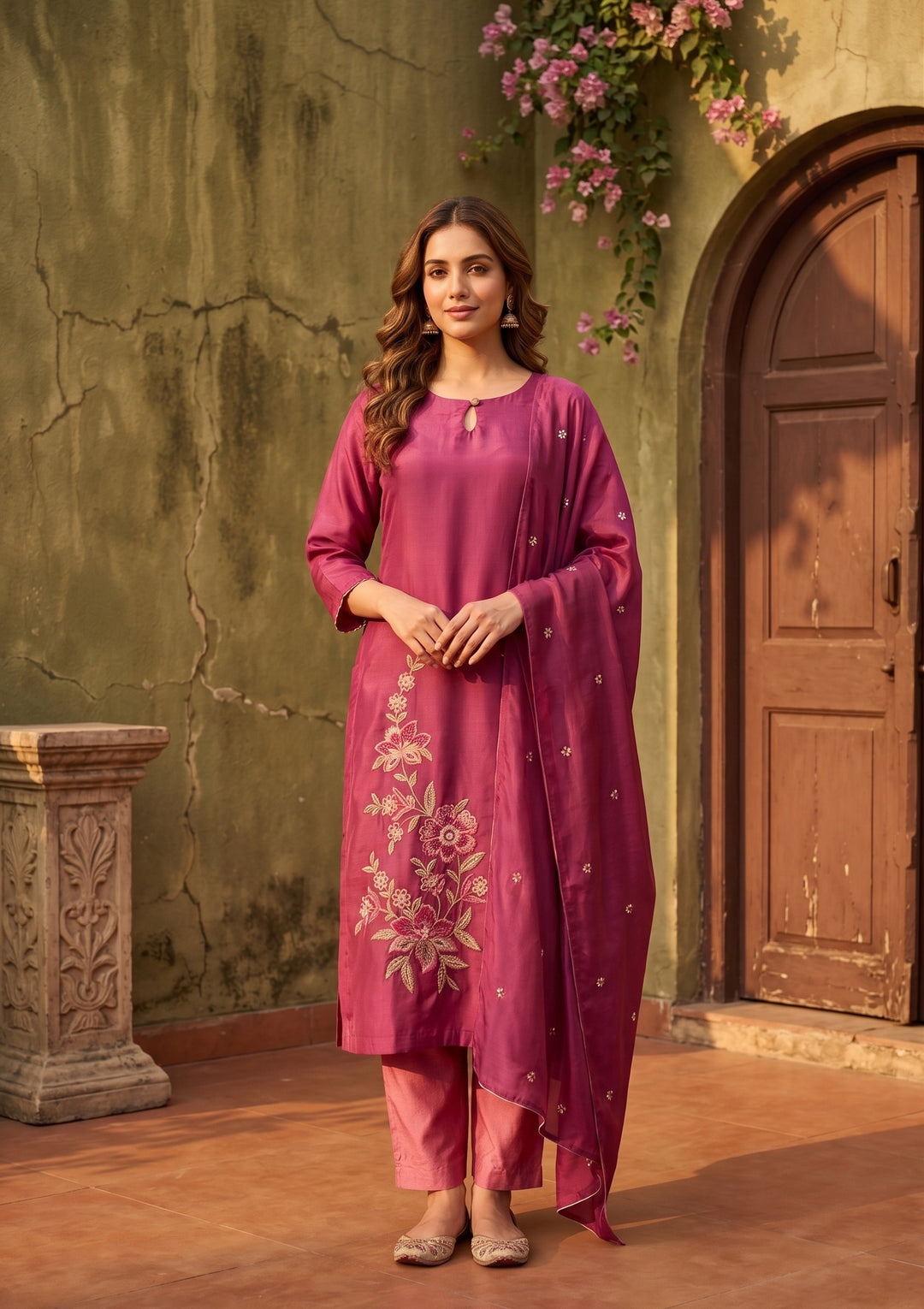 Dark Onion Pink Semi Crepe Threadwork Straight Kurta With Pant Regular And Dupatta