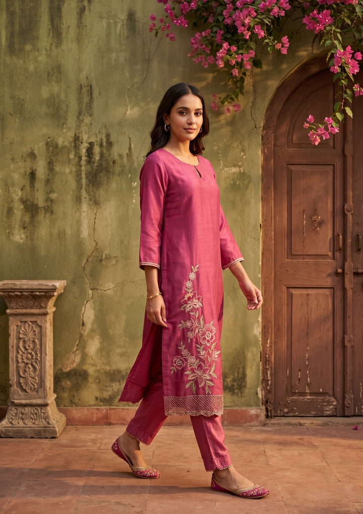 Dark Onion Pink Semi Crepe Threadwork Straight Kurta With Pant Regular And Dupatta