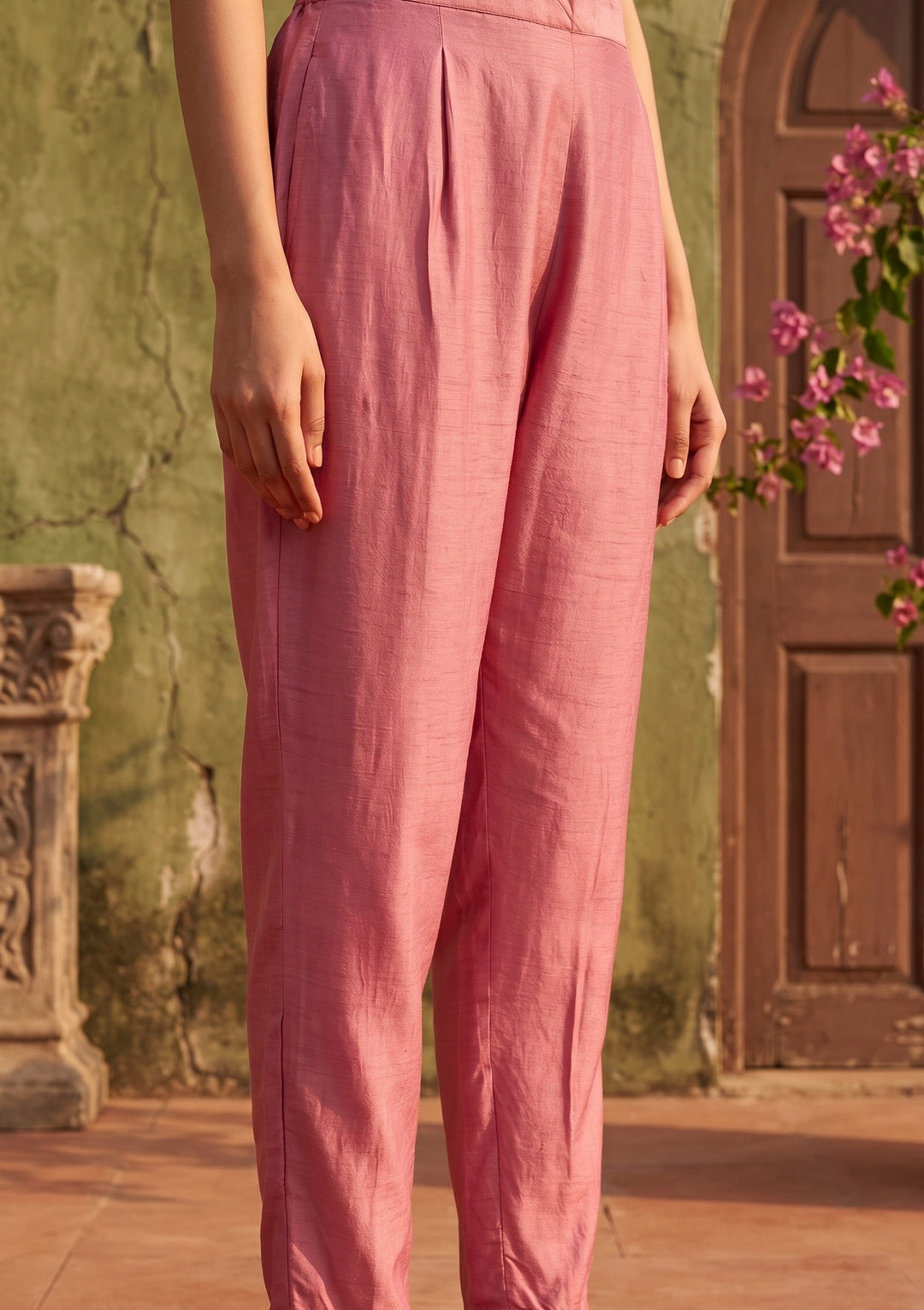 Dark Onion Pink Semi Crepe Threadwork Straight Kurta With Pant Regular And Dupatta