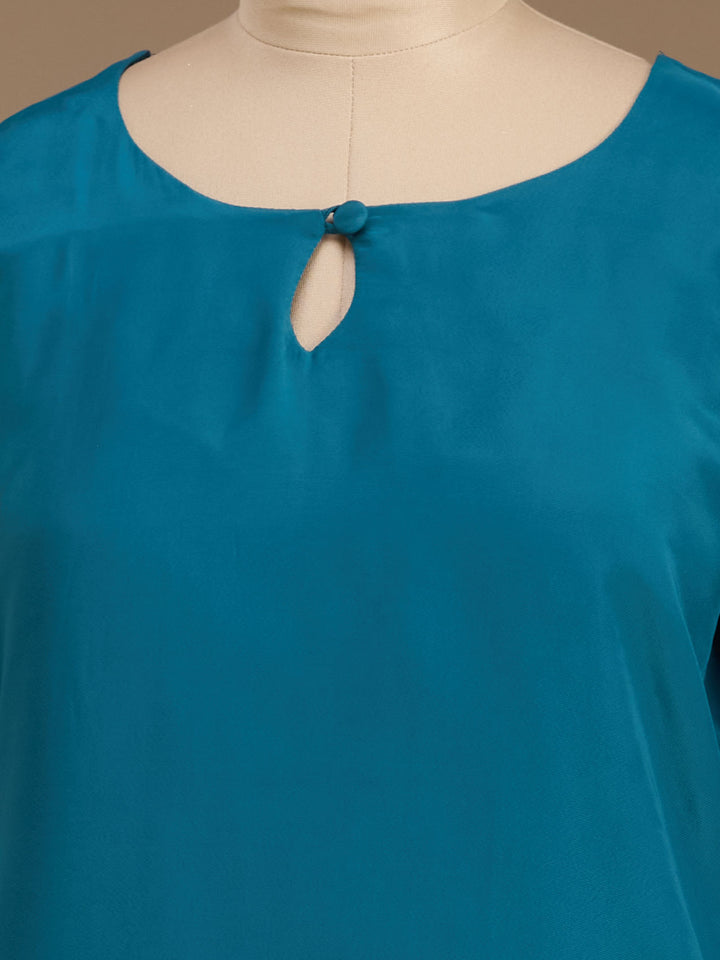 Turquoise Blue Threadwork Semi Crepe Readymade Salwar Suit