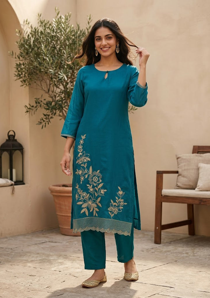 Turquoise Blue Threadwork Semi Crepe Readymade Salwar Suit