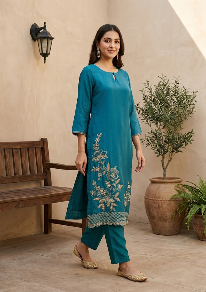Turquoise Blue Threadwork Semi Crepe Readymade Salwar Suit
