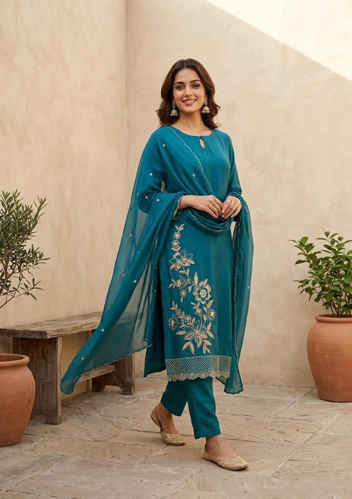 Turquoise Blue Threadwork Semi Crepe Readymade Salwar Suit