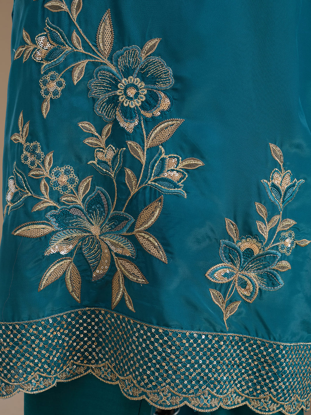 Turquoise Blue Threadwork Semi Crepe Readymade Salwar Suit