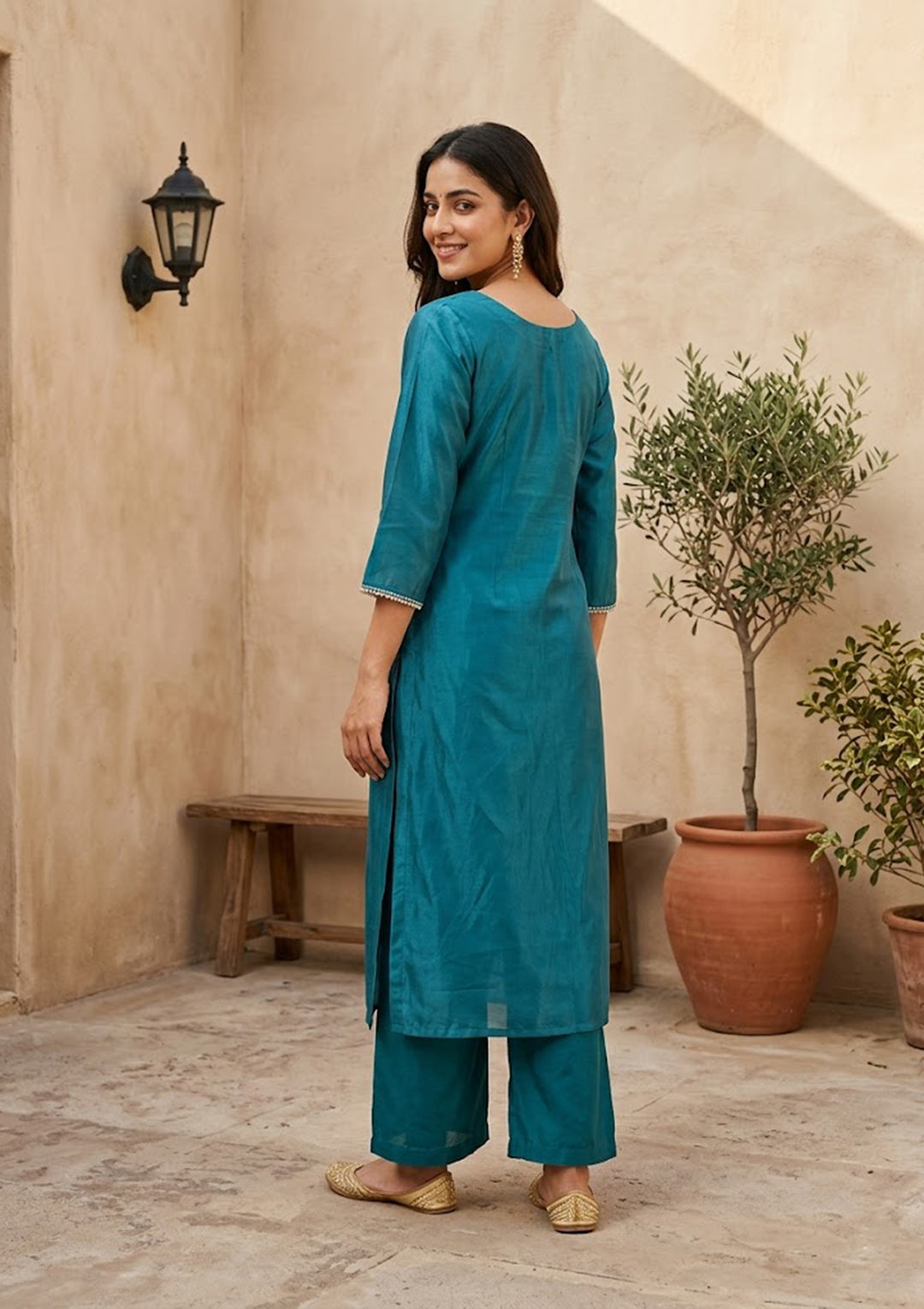 Turquoise Blue Threadwork Semi Crepe Readymade Salwar Suit