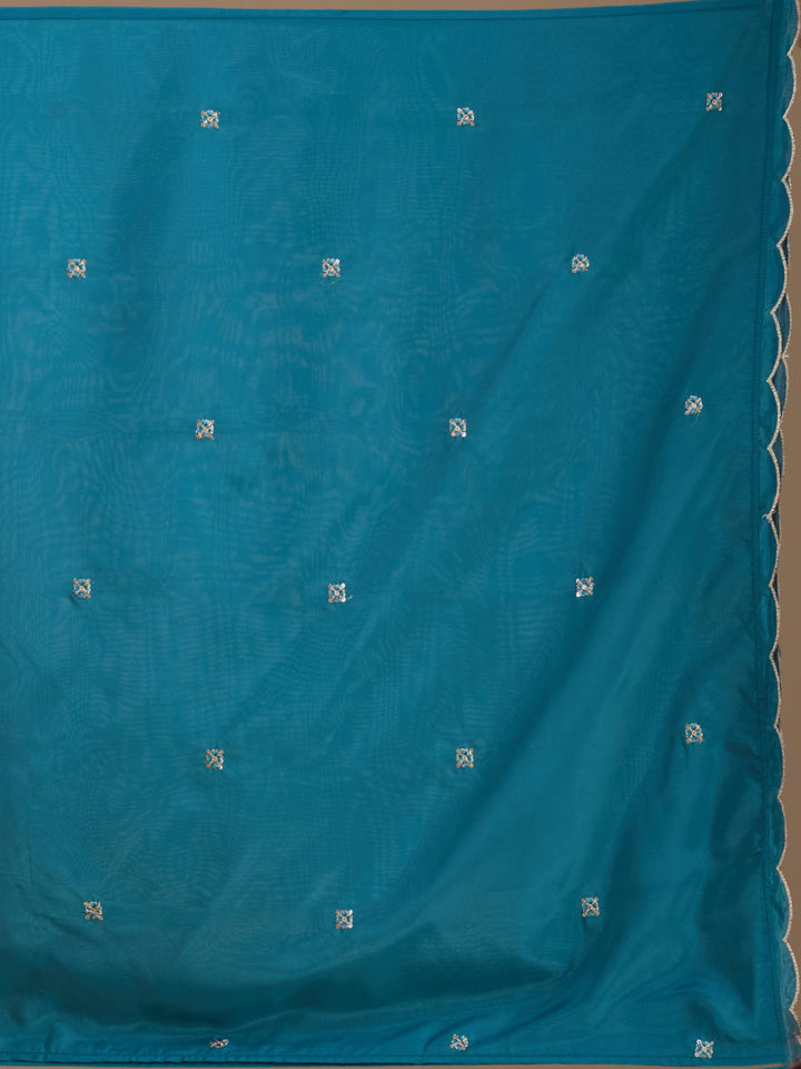 Turquoise Blue Threadwork Semi Crepe Readymade Salwar Suit