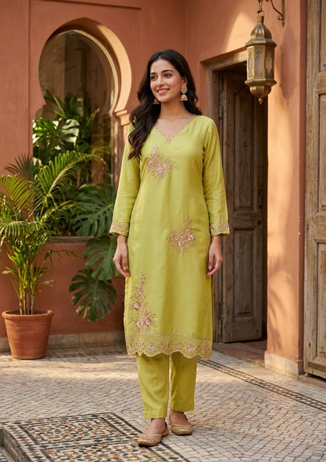 Leaf Green Semi Crepe Threadwork Straight Kurta With Pant Regular And Dupatta