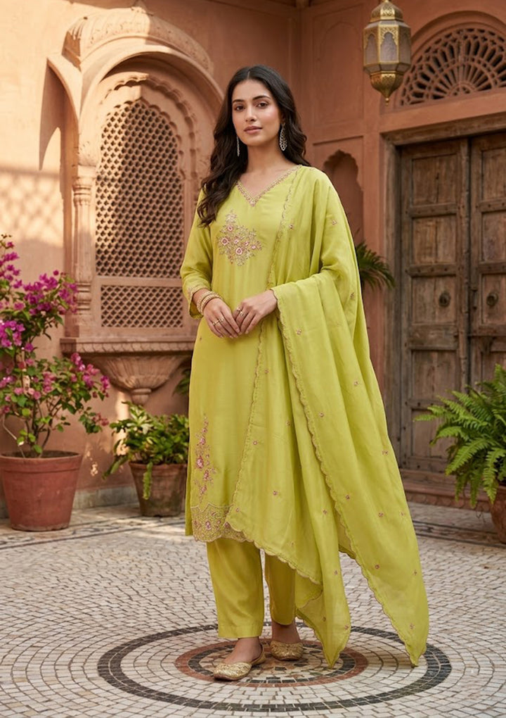 Leaf Green Semi Crepe Threadwork Straight Kurta With Pant Regular And Dupatta