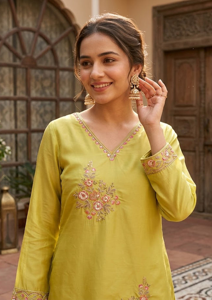 Leaf Green Semi Crepe Threadwork Straight Kurta With Pant Regular And Dupatta