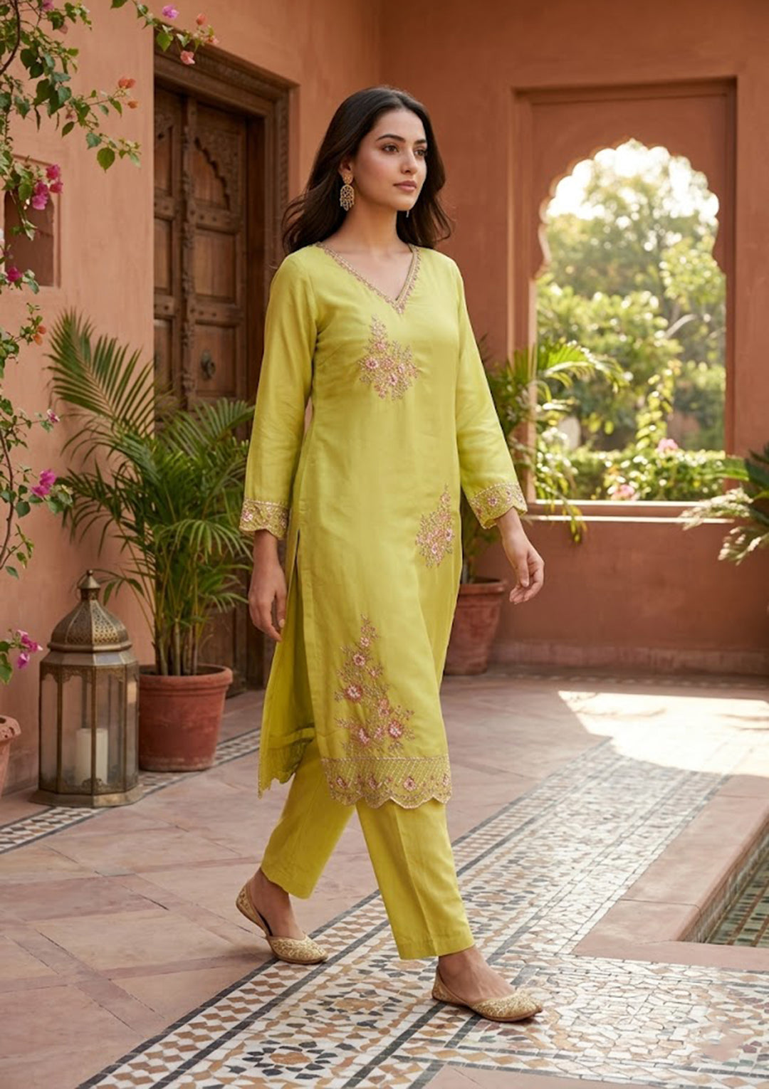 Leaf Green Semi Crepe Threadwork Straight Kurta With Pant Regular And Dupatta