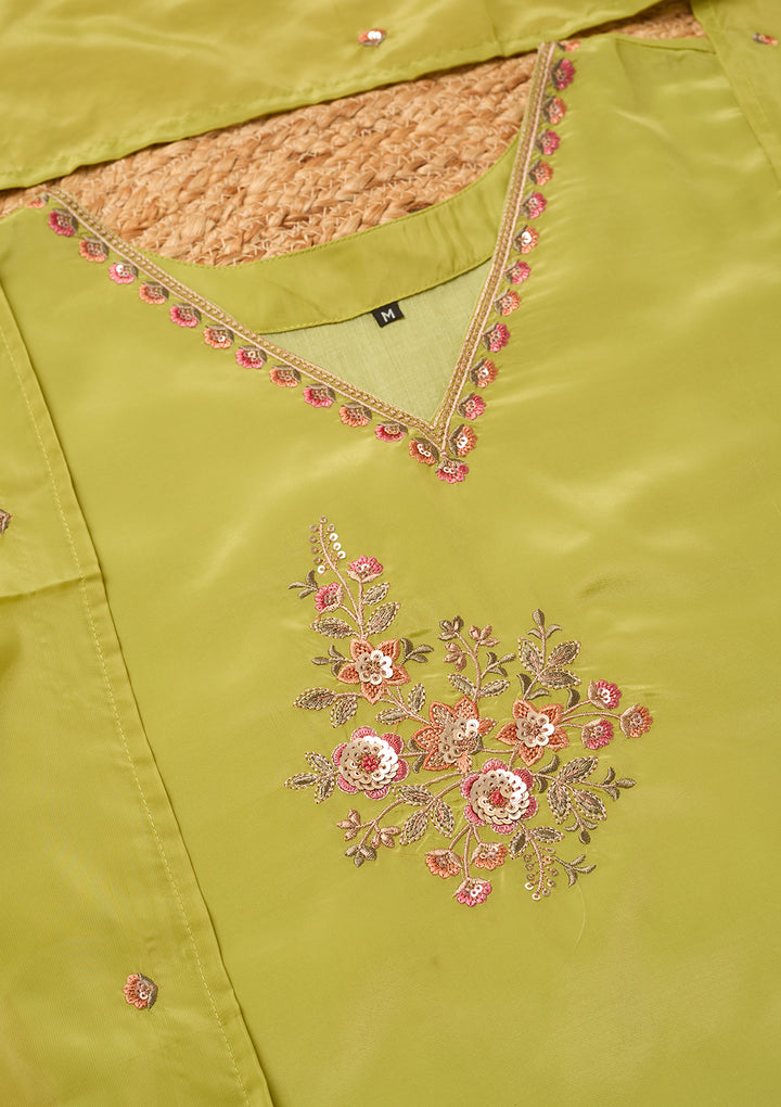 Leaf Green Semi Crepe Threadwork Straight Kurta With Pant Regular And Dupatta