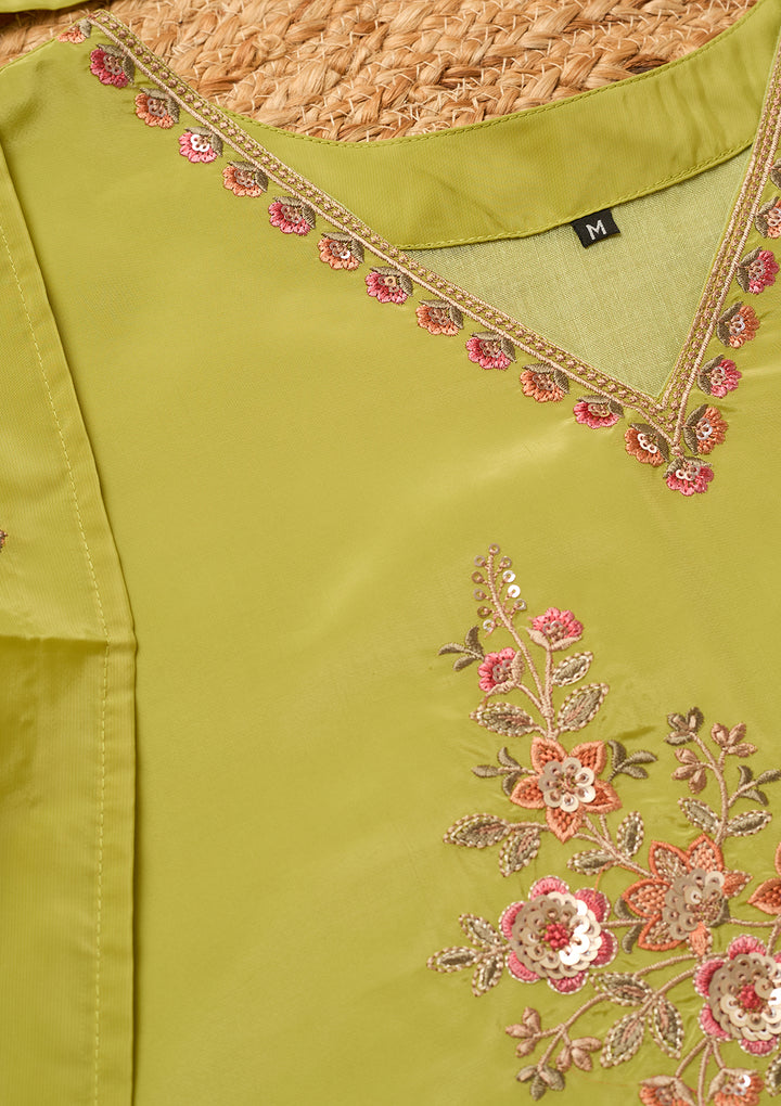 Leaf Green Semi Crepe Threadwork Straight Kurta With Pant Regular And Dupatta