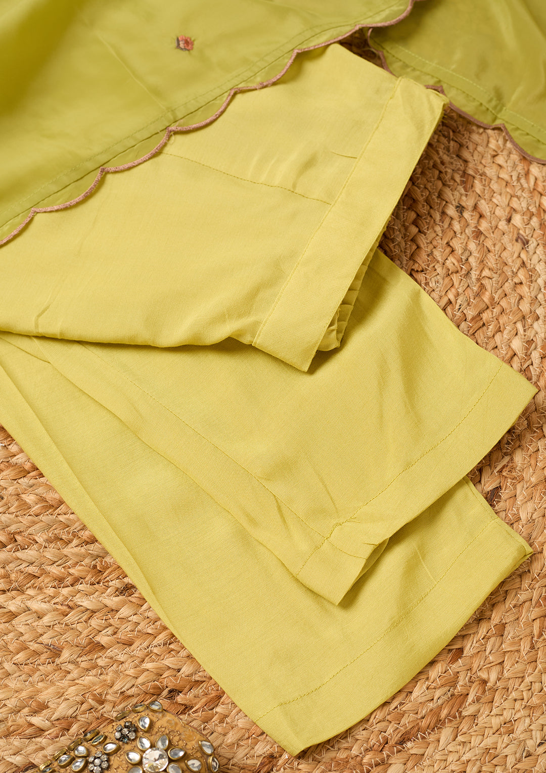 Leaf Green Semi Crepe Threadwork Straight Kurta With Pant Regular And Dupatta
