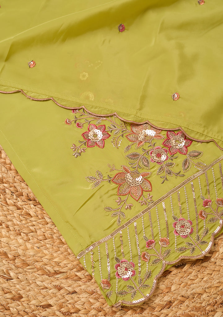 Leaf Green Semi Crepe Threadwork Straight Kurta With Pant Regular And Dupatta