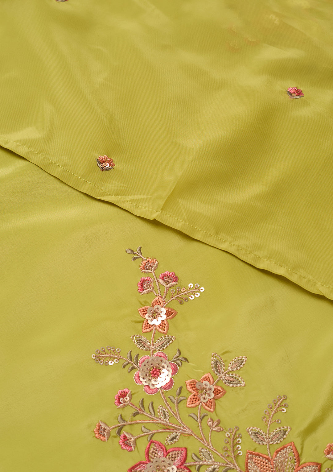 Leaf Green Semi Crepe Threadwork Straight Kurta With Pant Regular And Dupatta