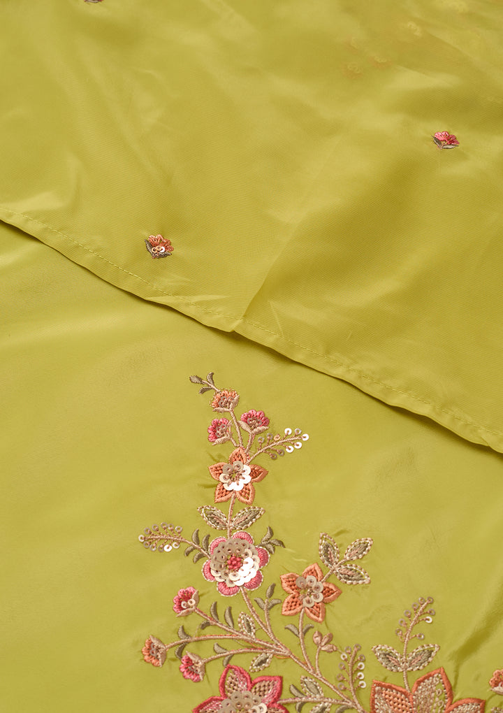 Leaf Green Semi Crepe Threadwork Straight Kurta With Pant Regular And Dupatta
