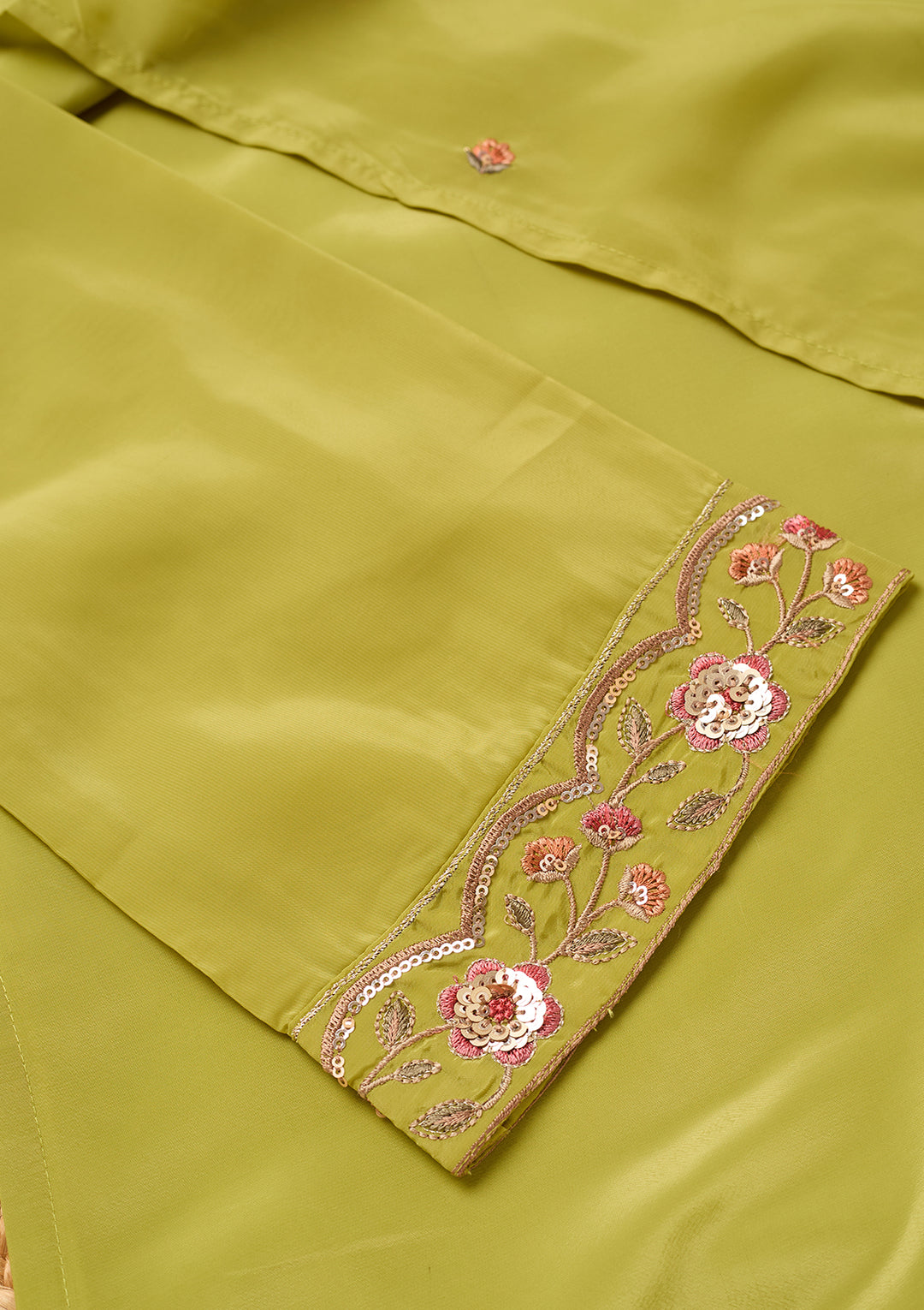 Leaf Green Semi Crepe Threadwork Straight Kurta With Pant Regular And Dupatta