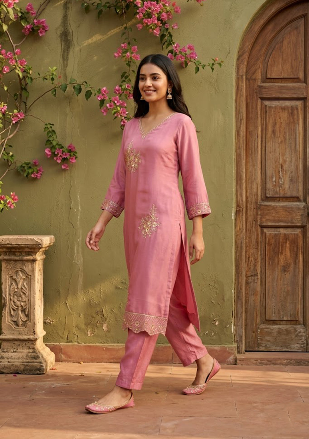 Onion Pink Semi Crepe Threadwork Straight Kurta With Pant Regular And Dupatta