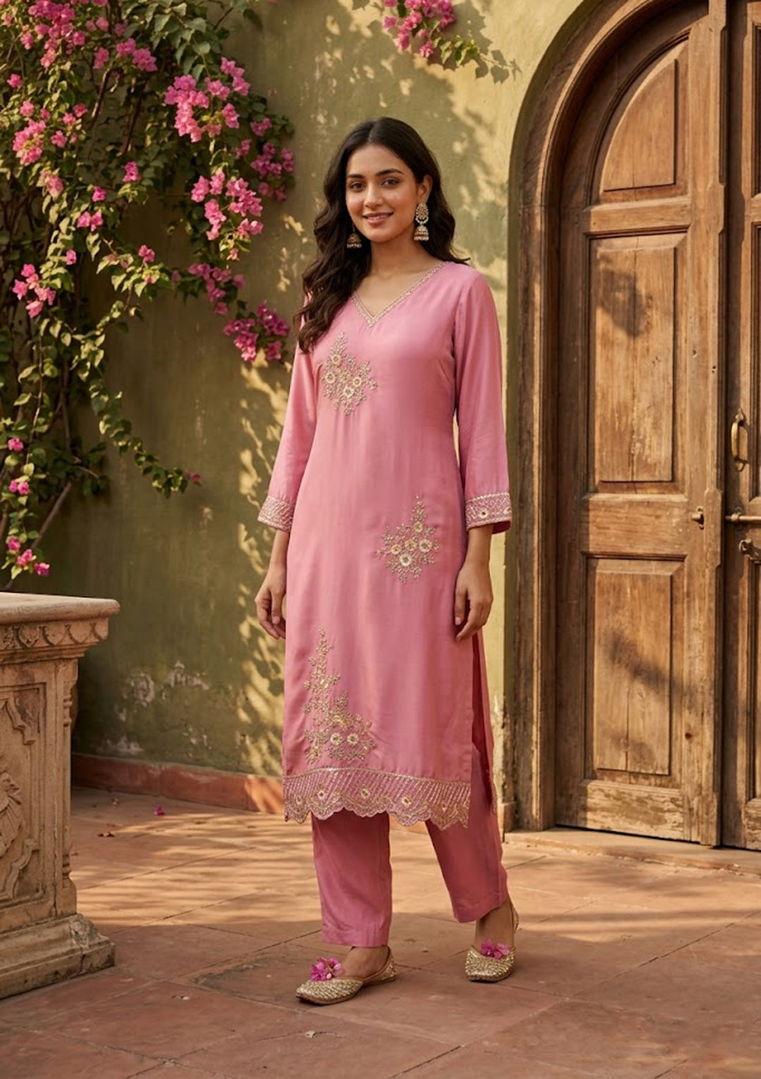 Onion Pink Semi Crepe Threadwork Straight Kurta With Pant Regular And Dupatta