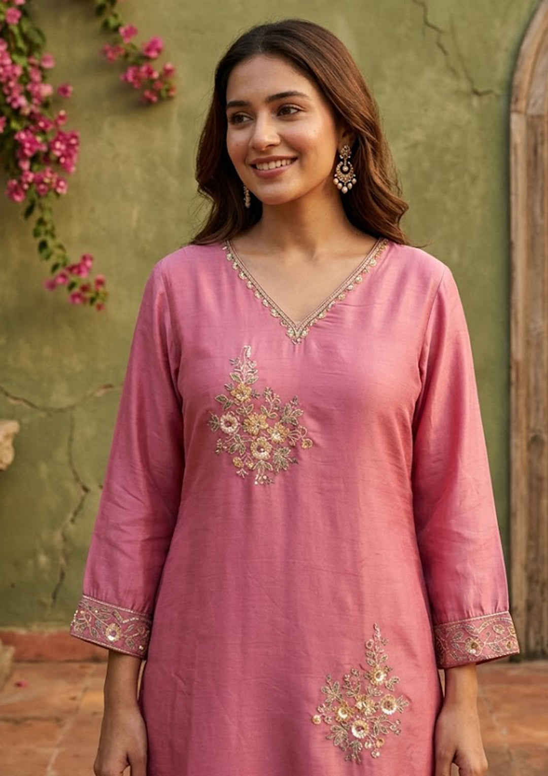 Onion Pink Semi Crepe Threadwork Straight Kurta With Pant Regular And Dupatta