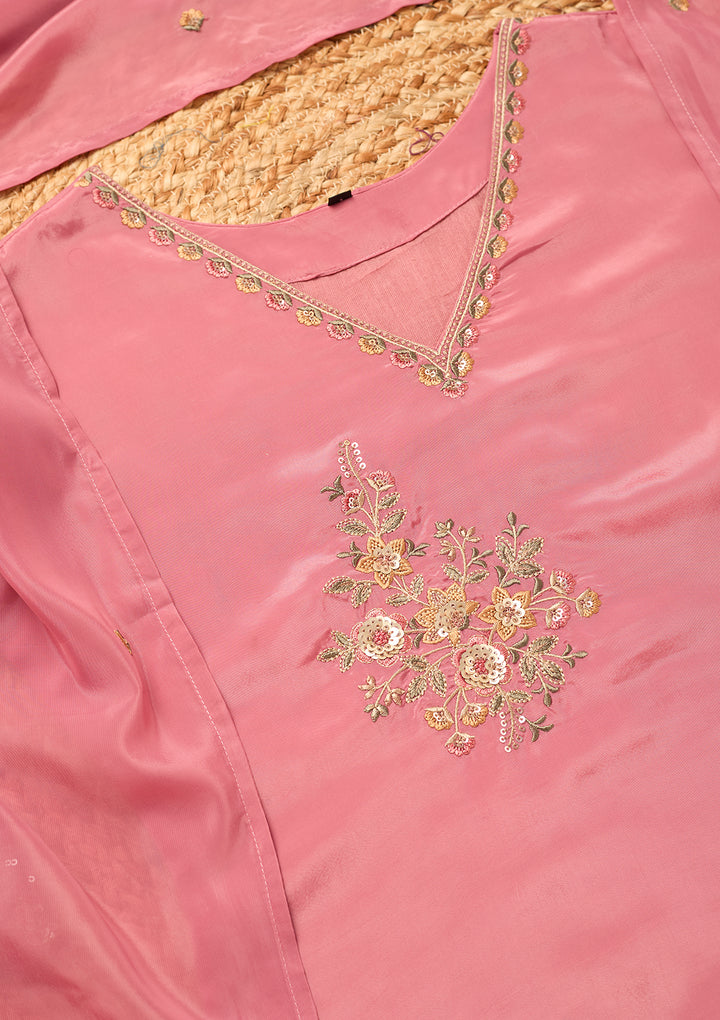 Onion Pink Semi Crepe Threadwork Straight Kurta With Pant Regular And Dupatta