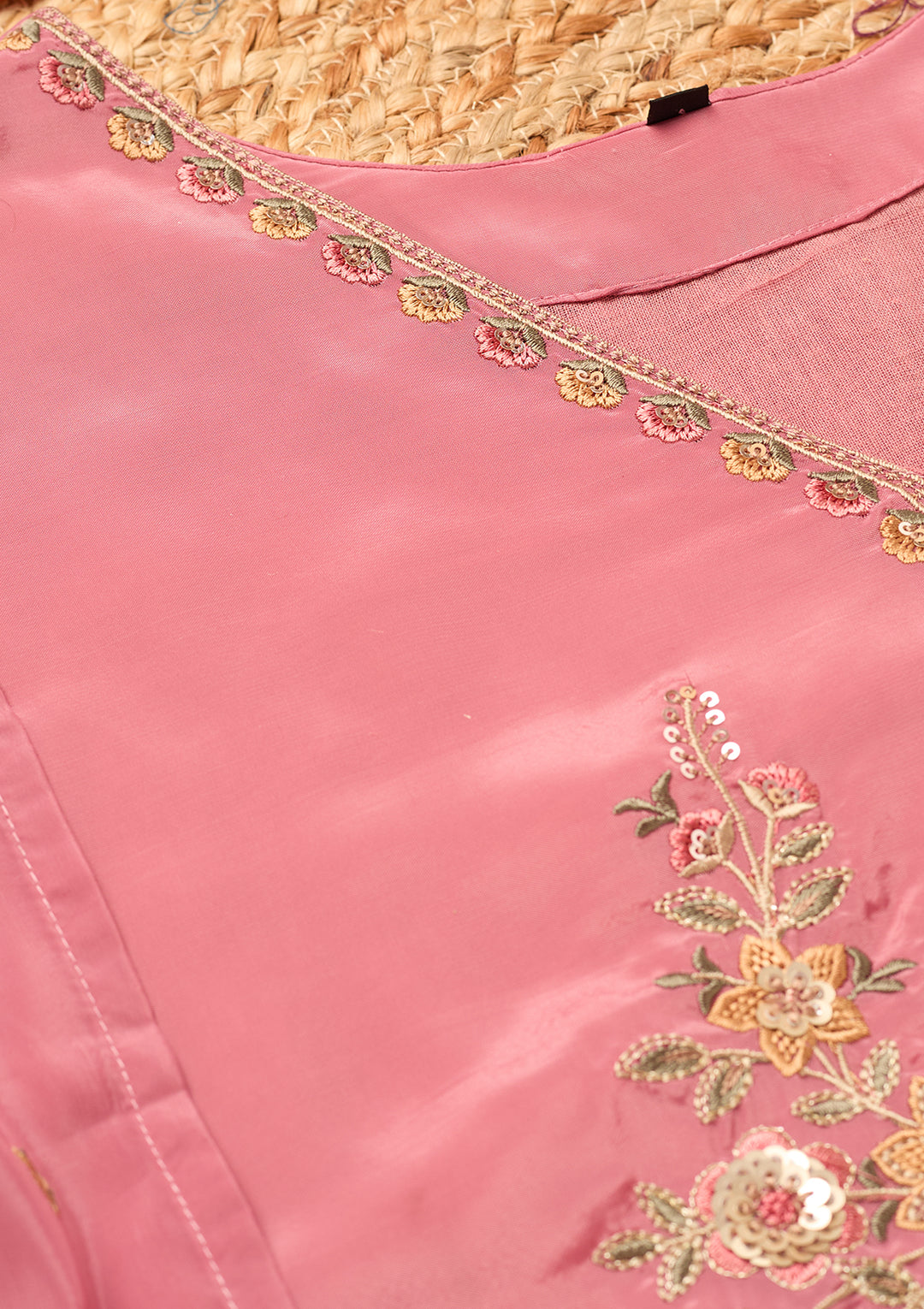 Onion Pink Semi Crepe Threadwork Straight Kurta With Pant Regular And Dupatta
