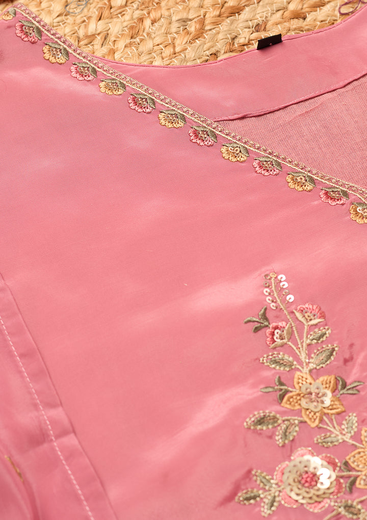 Onion Pink Semi Crepe Threadwork Straight Kurta With Pant Regular And Dupatta