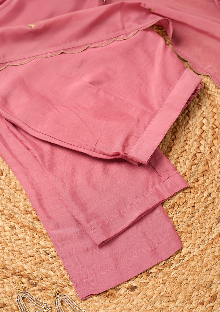 Onion Pink Semi Crepe Threadwork Straight Kurta With Pant Regular And Dupatta