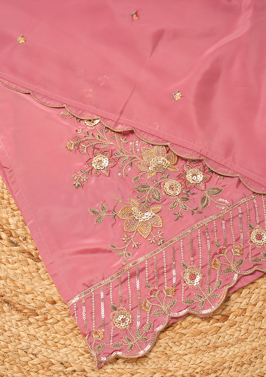 Onion Pink Semi Crepe Threadwork Straight Kurta With Pant Regular And Dupatta