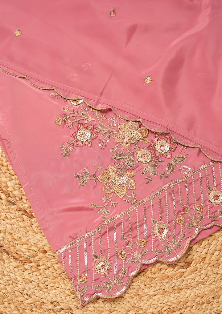Onion Pink Semi Crepe Threadwork Straight Kurta With Pant Regular And Dupatta