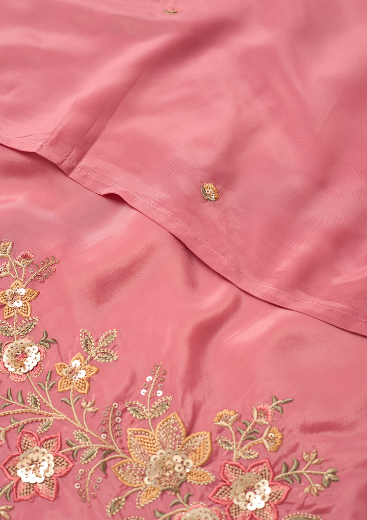 Onion Pink Semi Crepe Threadwork Straight Kurta With Pant Regular And Dupatta