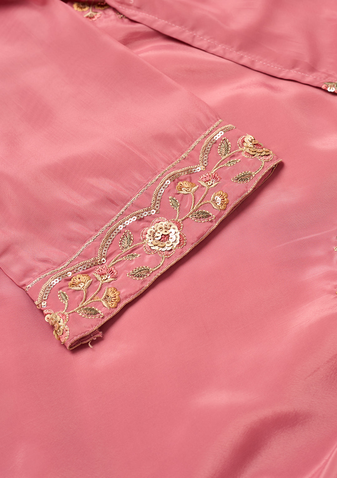 Onion Pink Semi Crepe Threadwork Straight Kurta With Pant Regular And Dupatta