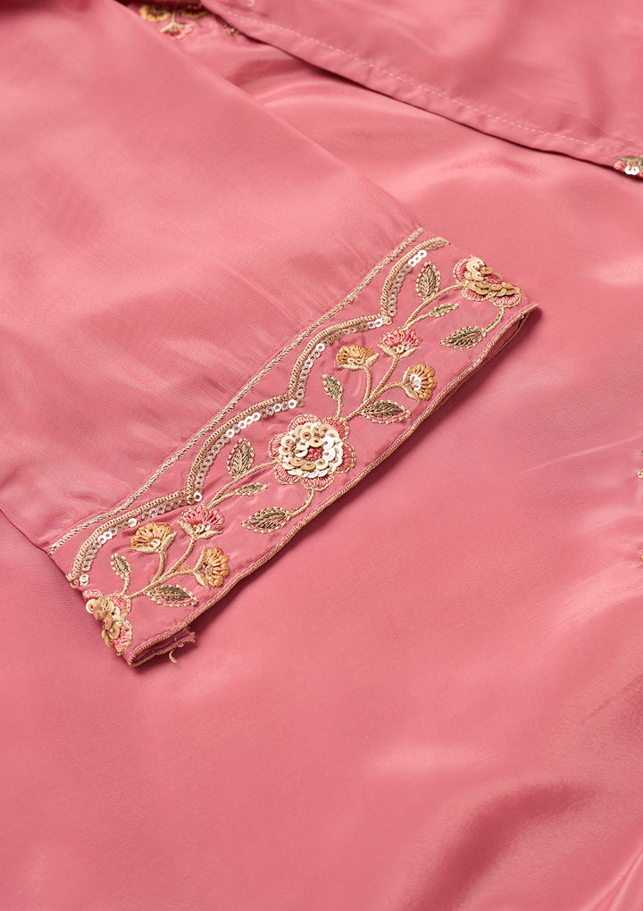 Onion Pink Semi Crepe Threadwork Straight Kurta With Pant Regular And Dupatta