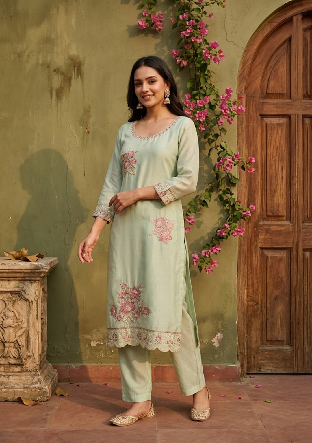Pista Green Semi Crepe Threadwork Straight Kurta With Regular Pant And Dupatta