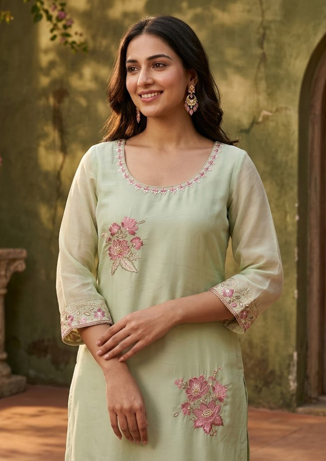Pista Green Semi Crepe Threadwork Straight Kurta With Regular Pant And Dupatta