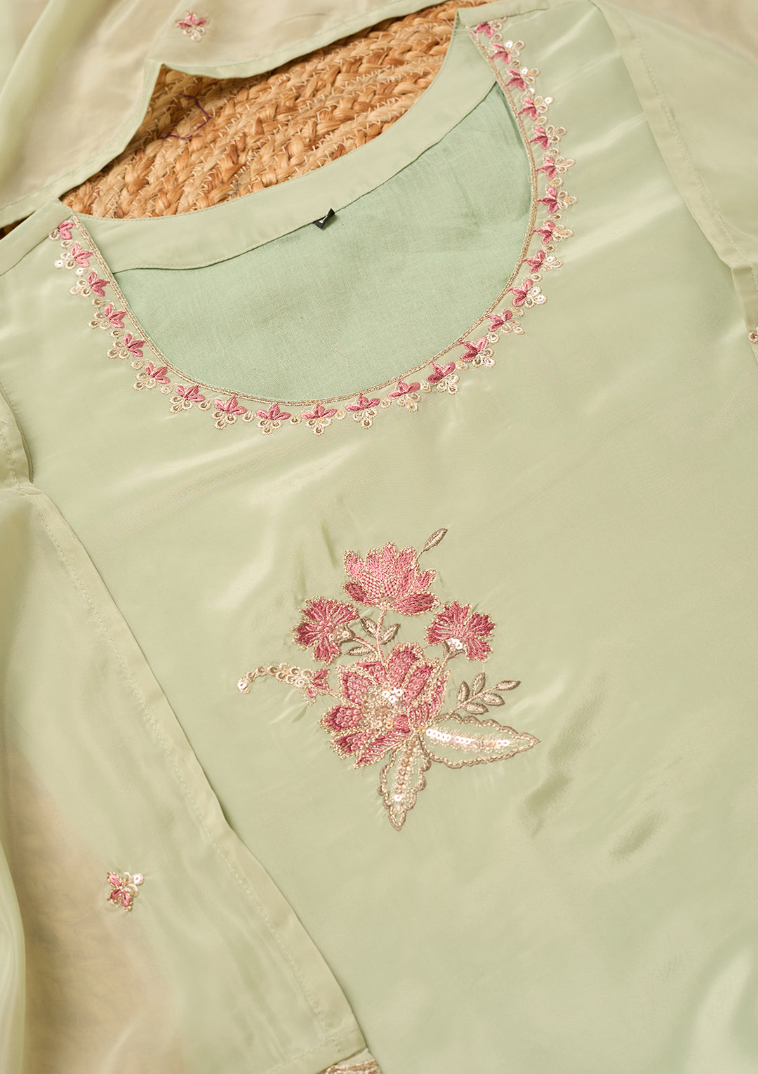 Pista Green Semi Crepe Threadwork Straight Kurta With Regular Pant And Dupatta