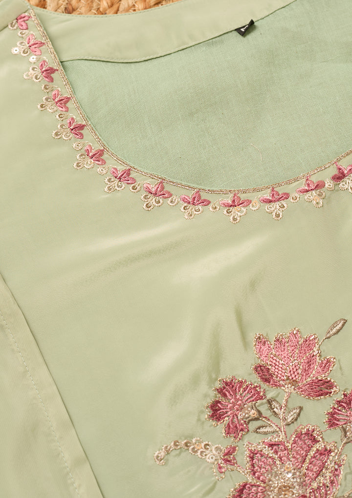 Pista Green Semi Crepe Threadwork Straight Kurta With Regular Pant And Dupatta