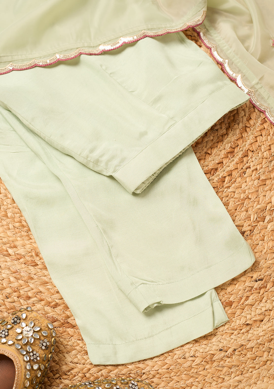 Pista Green Semi Crepe Threadwork Straight Kurta With Regular Pant And Dupatta