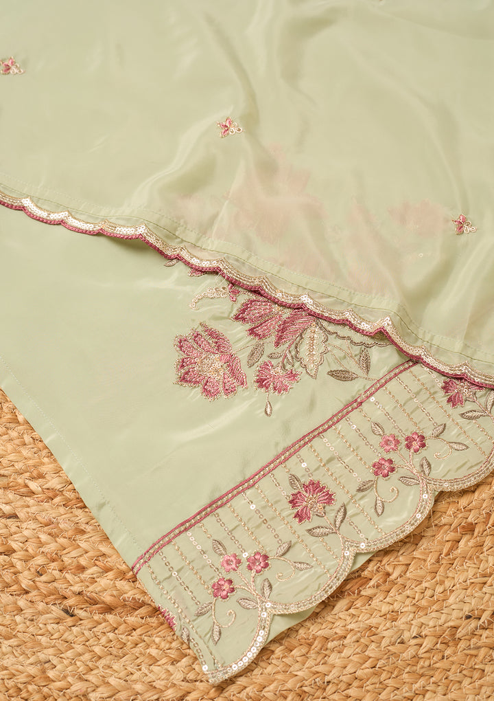Pista Green Semi Crepe Threadwork Straight Kurta With Regular Pant And Dupatta
