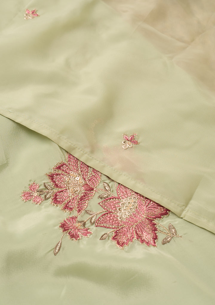 Pista Green Semi Crepe Threadwork Straight Kurta With Regular Pant And Dupatta