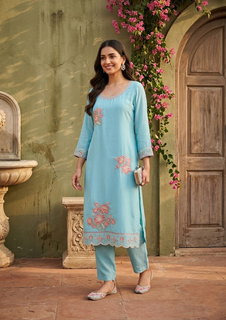 Sky Blue Semi Crepe Threadwork Straight Kurta With Pant Regular And Dupatta