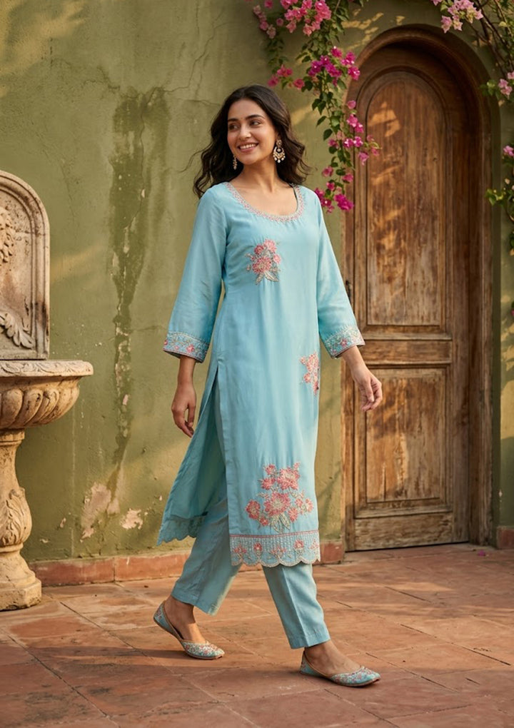Sky Blue Semi Crepe Threadwork Straight Kurta With Pant Regular And Dupatta