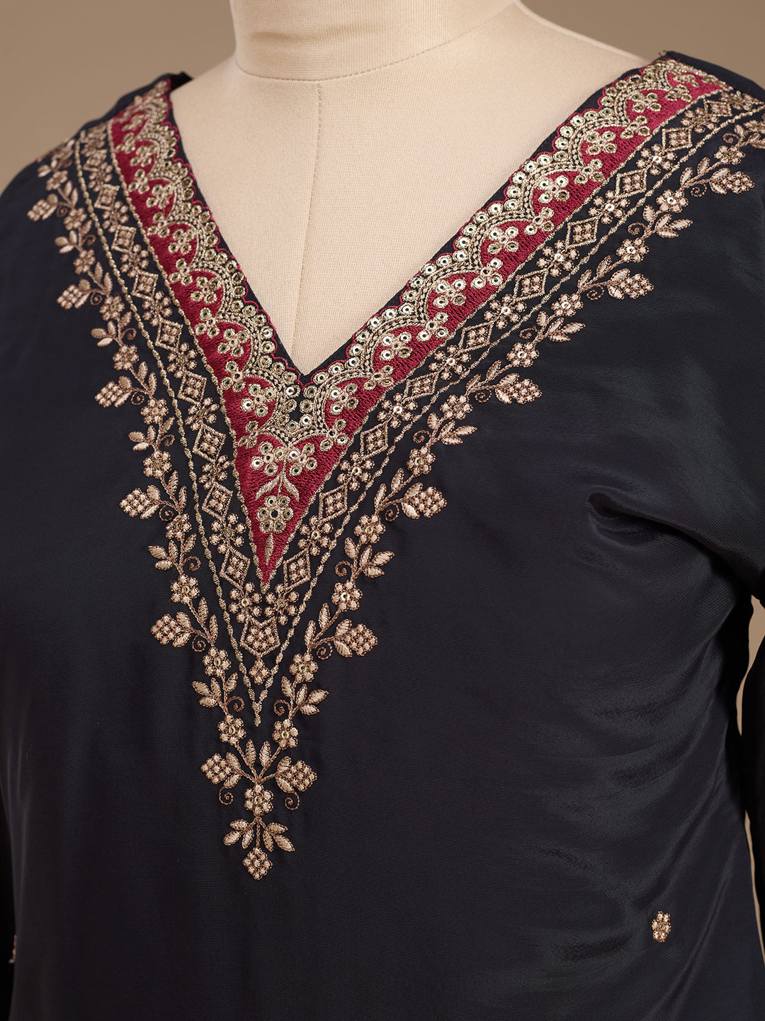 Black Semi Crepe Gold Zariwork Straight Kurta With Pant Regular And Dupatta