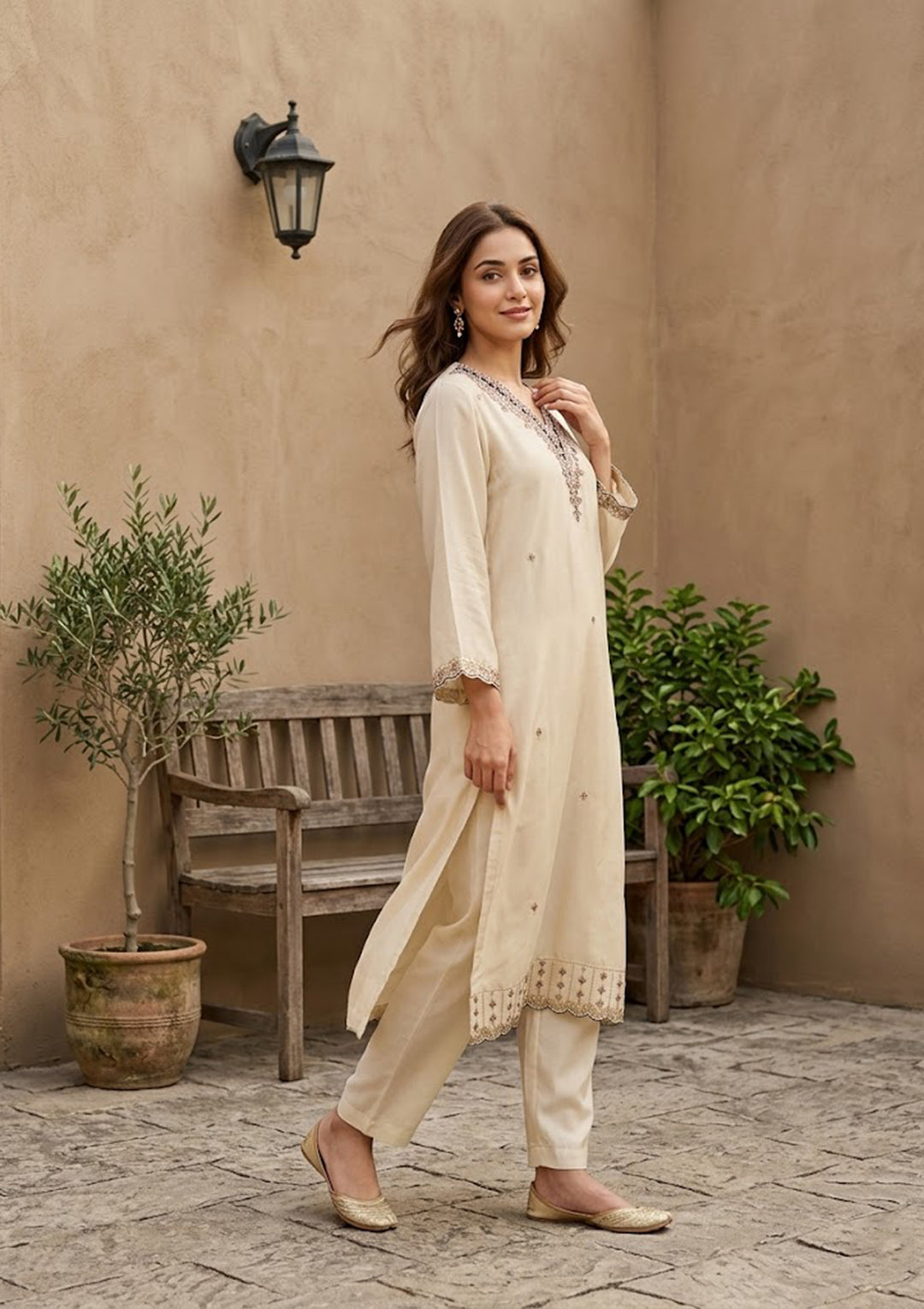 Cream Semi Crepe Gold Zariwork Straight Kurta With Pant Regular And Dupatta