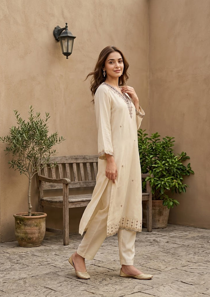 Cream Semi Crepe Gold Zariwork Straight Kurta With Pant Regular And Dupatta