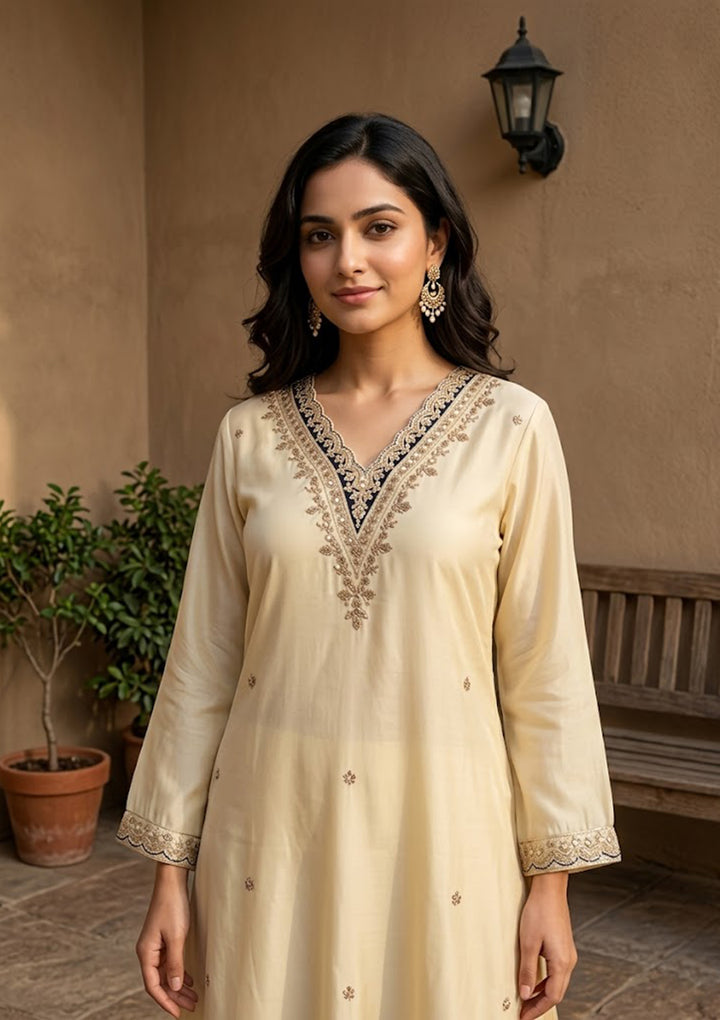 Cream Semi Crepe Gold Zariwork Straight Kurta With Pant Regular And Dupatta