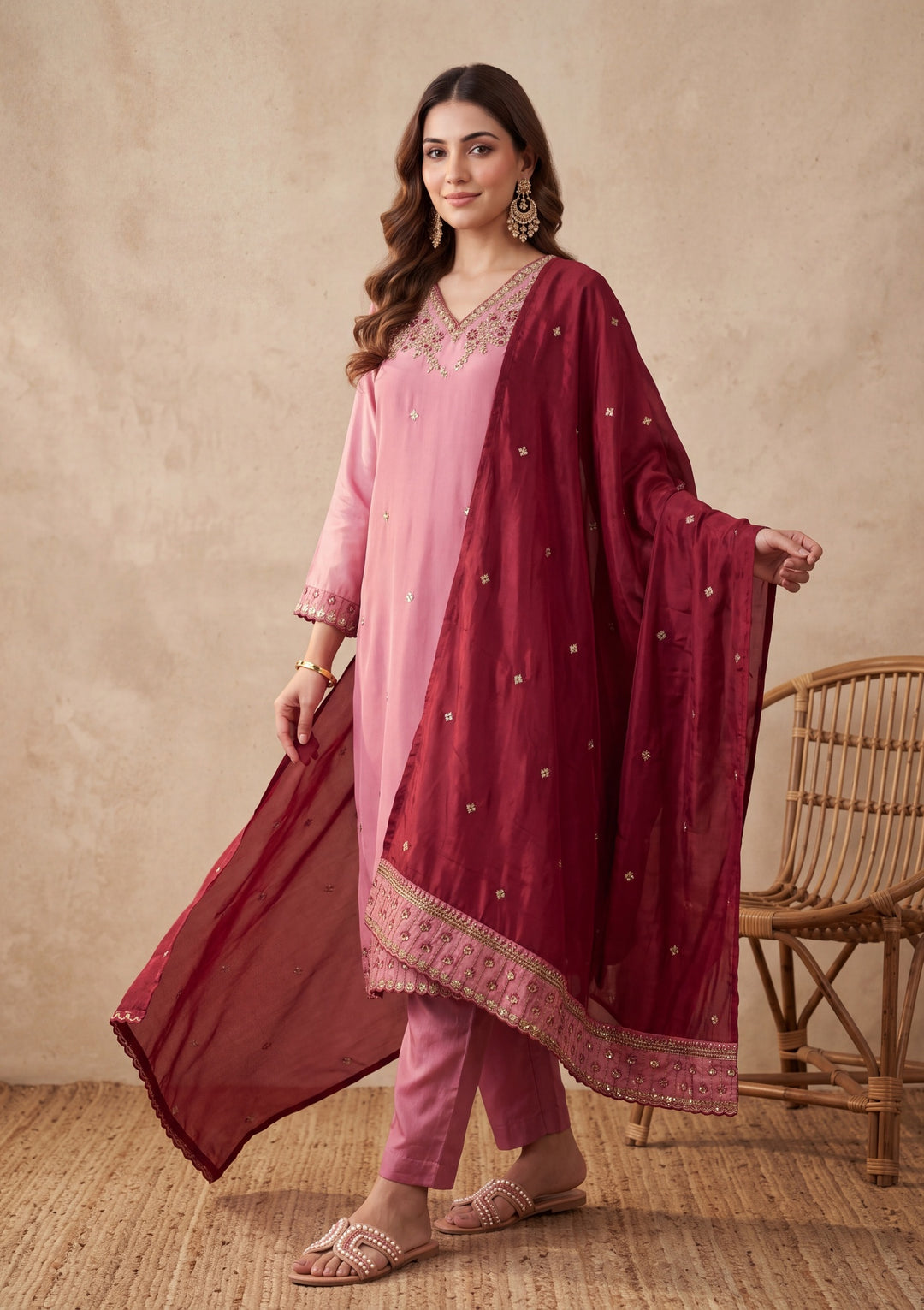 Onion Pink Threadwork Crepe Readymade Salwar Suit