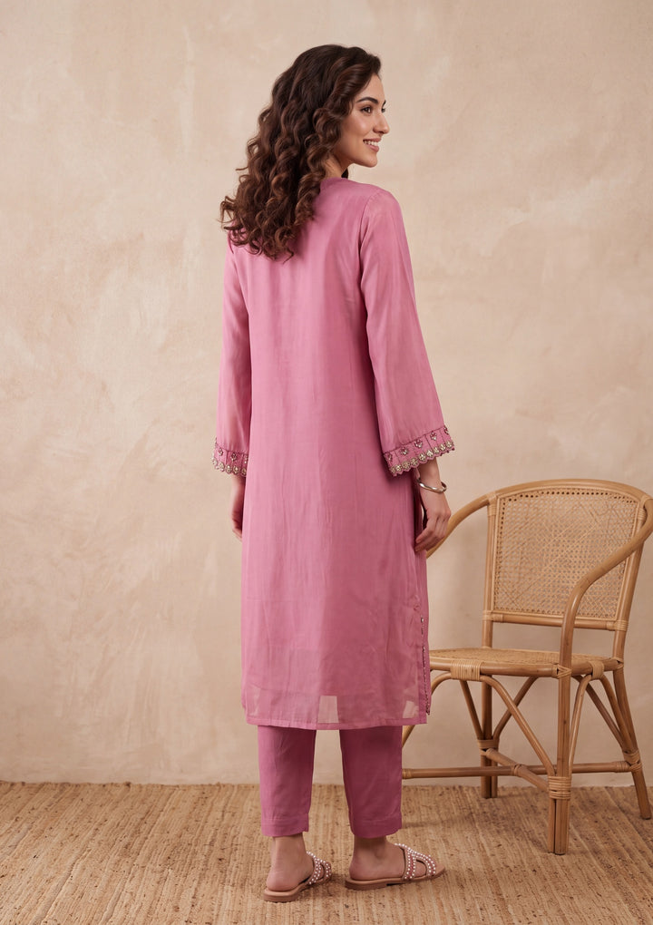 Onion Pink Threadwork Semi Crepe Readymade Salwar Suit