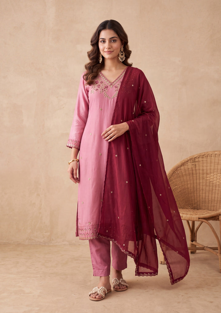 Onion Pink Threadwork Semi Crepe Readymade Salwar Suit